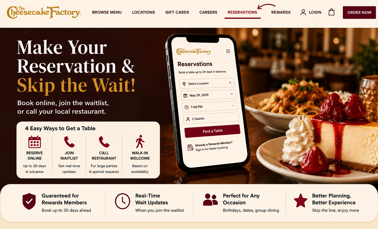 The Cheesecake Factory Reservations 2026 guide covers online booking, Cheesecake Rewards, party size rules, walk-ins, app reservations, and location tips.